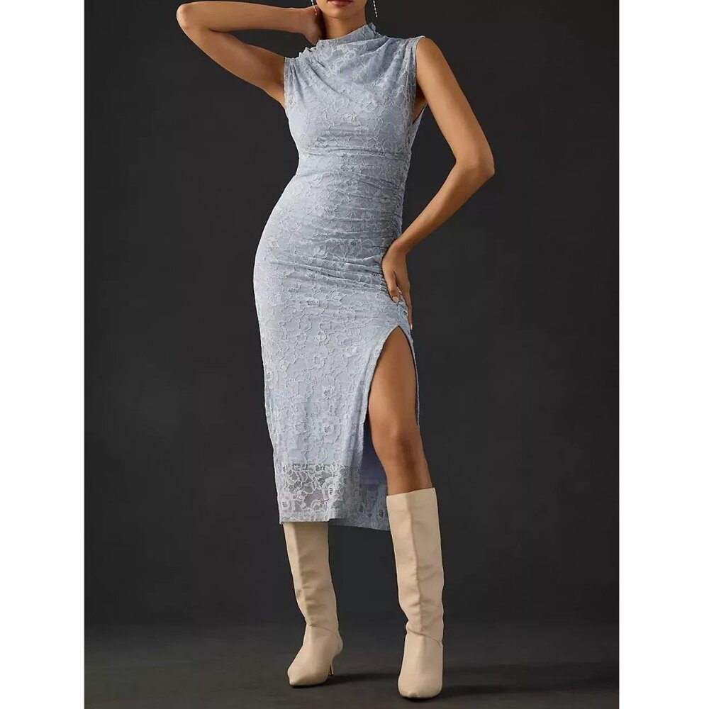 Anthropologie The Maya Ruched Cowl-Neck Dress: Lace Edition Sky Blue XSP